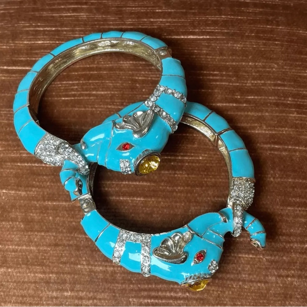 Turquoise Enamel and Rhinestone Elephant Hinged Bracelets